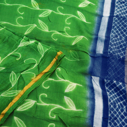 Indian Vintage Blue & Green Dupatta Long Stole Hand Block Print Pure Chanderi Silk Indian Scarves Veil Golden Zari