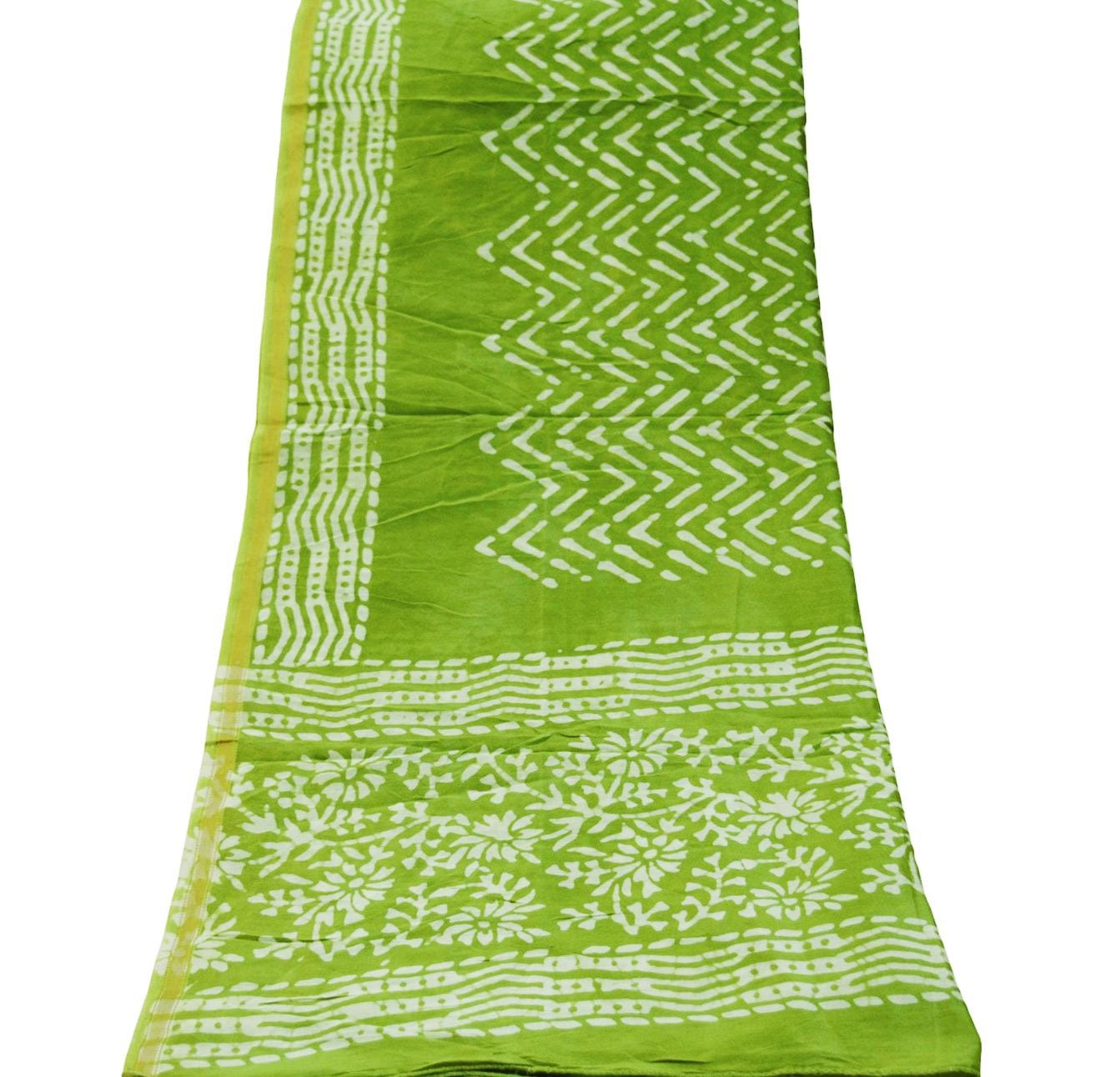 Indian White & Green Vintage Dupatta Long Stole Block Print Pure Chanderi Silk Indian Scarves Veil Golden Zari Soft