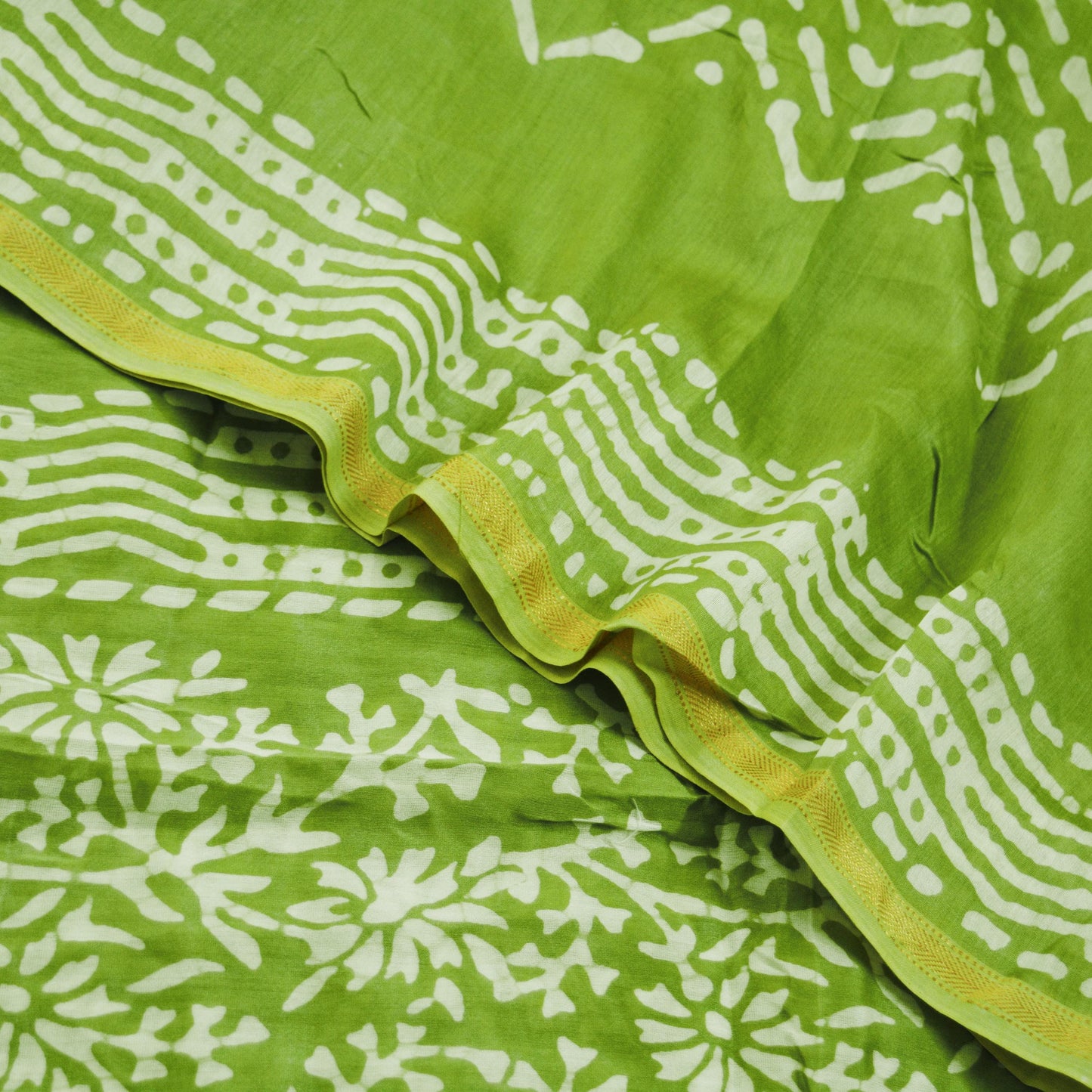 Indian White & Green Vintage Dupatta Long Stole Block Print Pure Chanderi Silk Indian Scarves Veil Golden Zari Soft