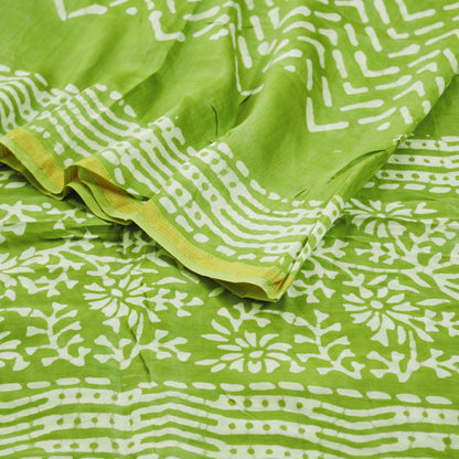 Indian White & Green Vintage Dupatta Long Stole Block Print Pure Chanderi Silk Indian Scarves Veil Golden Zari Soft