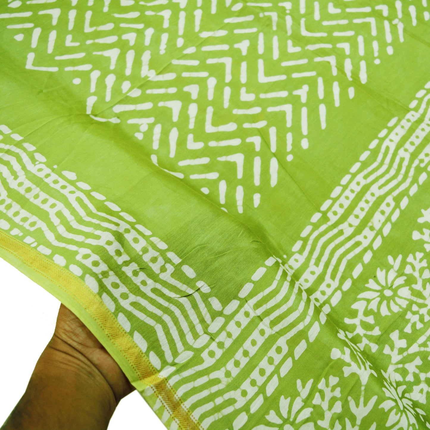 Indian White & Green Vintage Dupatta Long Stole Block Print Pure Chanderi Silk Indian Scarves Veil Golden Zari Soft