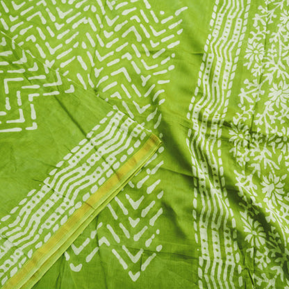 Indian White & Green Vintage Dupatta Long Stole Block Print Pure Chanderi Silk Indian Scarves Veil Golden Zari Soft