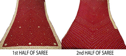 Indian Vintage Maroon Saree Hand Embroidered Bandhani Printed Sari 100% Pure Satin Silk Indian Sari Fabric 5yard Soft Craft Fabric Beaded
