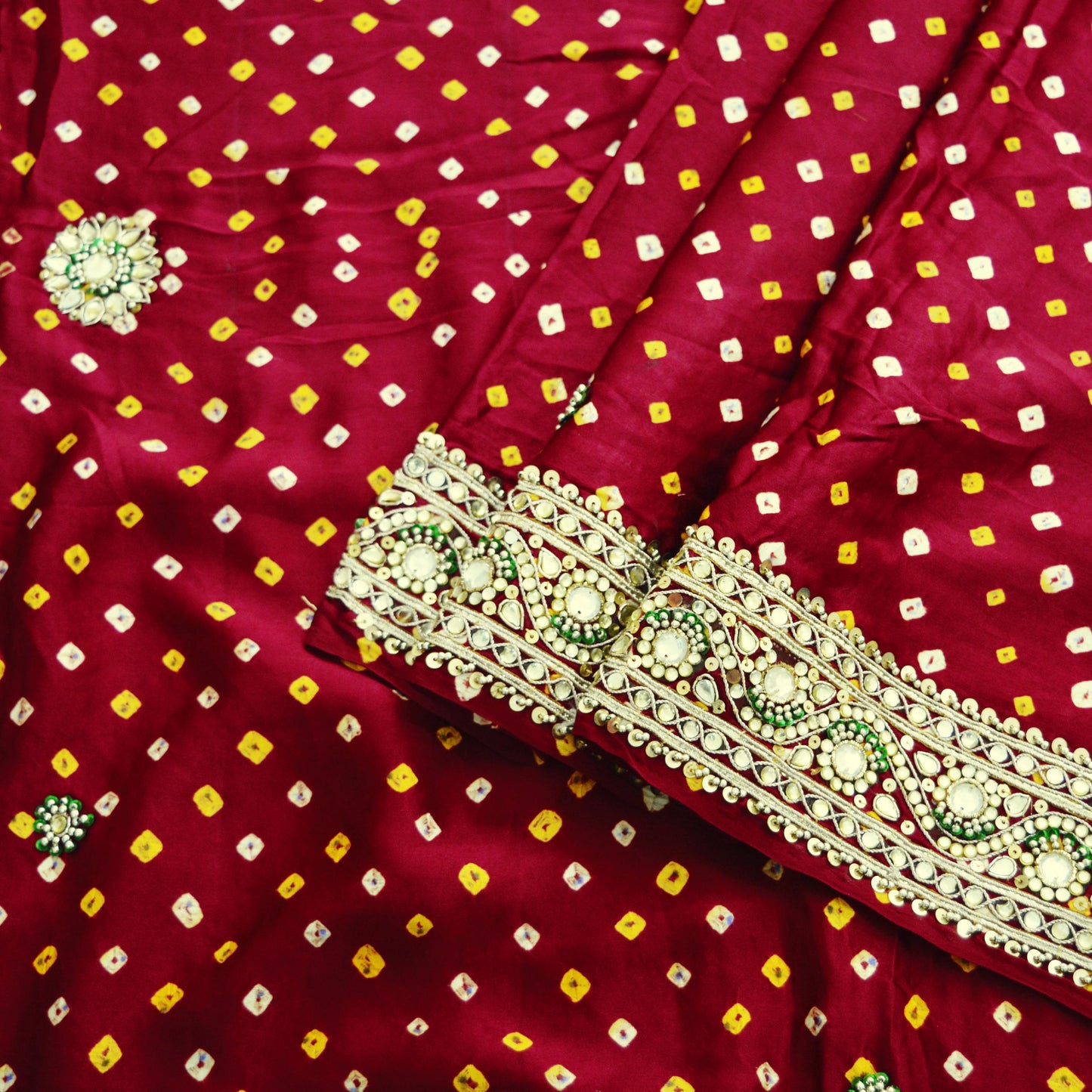 Indian Vintage Maroon Saree Hand Embroidered Bandhani Printed Sari 100% Pure Satin Silk Indian Sari Fabric 5yard Soft Craft Fabric Beaded