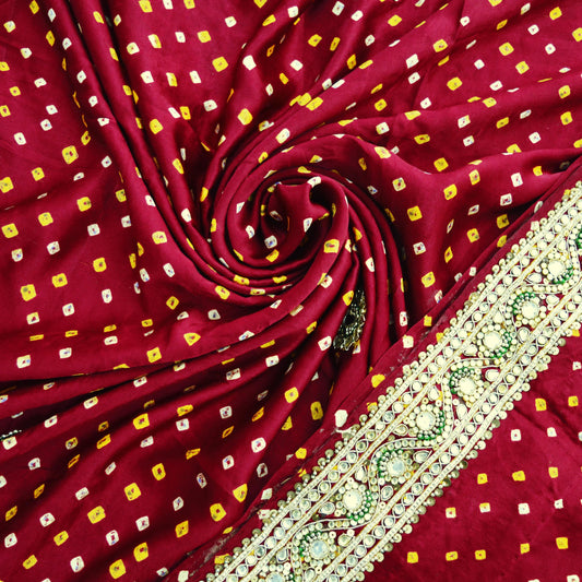 Indian Vintage Maroon Saree Hand Embroidered Bandhani Printed Sari 100% Pure Satin Silk Indian Sari Fabric 5yard Soft Craft Fabric Beaded