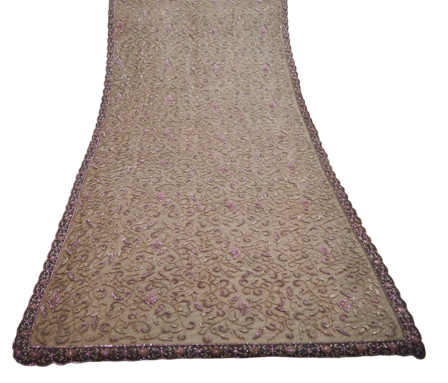 Indian Vintage Heavy Brown  Dupatta Net Mesh Long Stole Hand Embroidered Scarves Golden Zardozi Dabka Zari Sequins