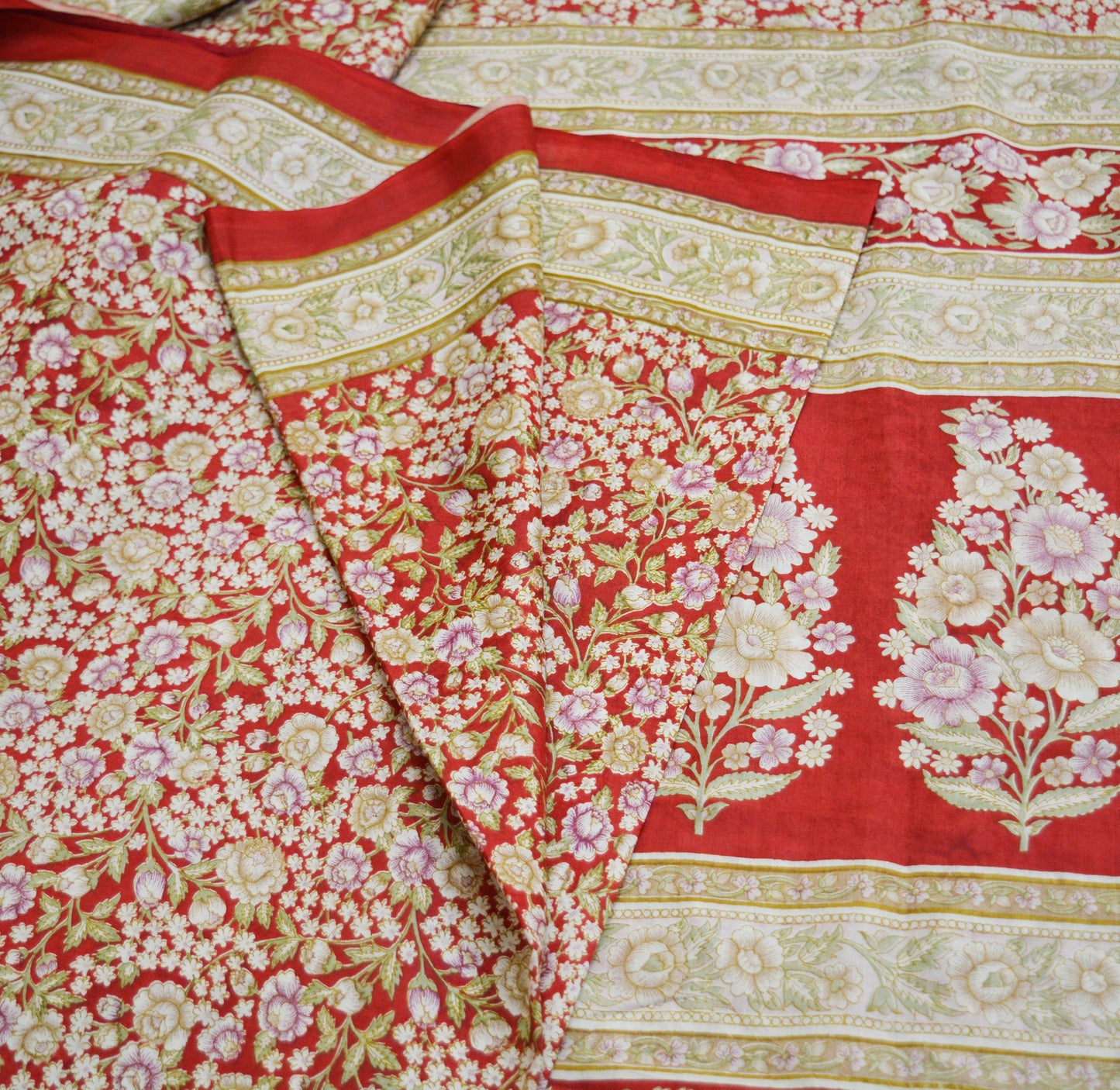 Indian Vintage Sari Red Pure Silk Printed Saree Fabric 6yard Sewing Craft Fabric DressMaking Soft Wrap Floral