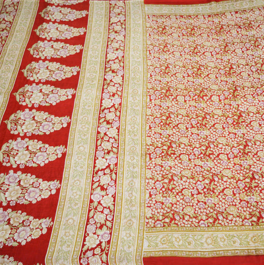 Indian Vintage Sari Red Pure Silk Printed Saree Fabric 6yard Sewing Craft Fabric DressMaking Soft Wrap Floral