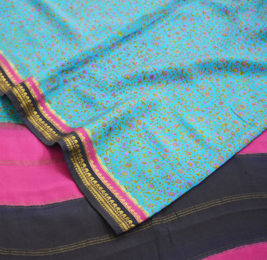 Indian Vintage Sari Pink & Blue 100% Pure Silk Printed Saree Fabric 5yard Sewing Craft DressMaking  Soft Zari