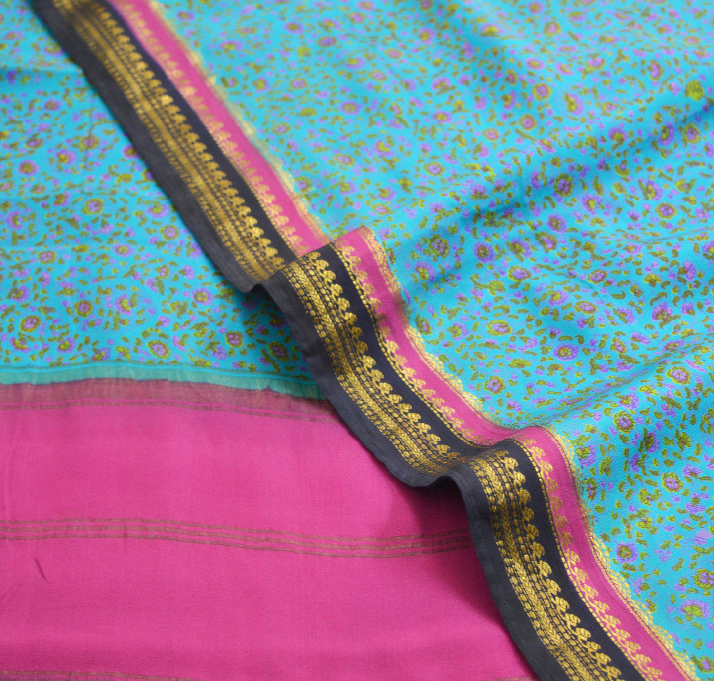 Indian Vintage Sari Pink & Blue 100% Pure Silk Printed Saree Fabric 5yard Sewing Craft DressMaking  Soft Zari