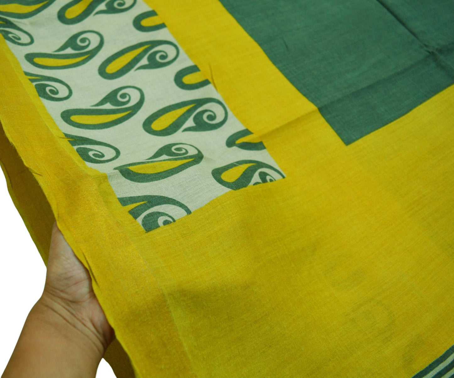 Vintage Green & Yellow Heavy Saree Pure Woolen Woven Printed Indian Sari Soft Warm Fabric 5Yard Zigzag Woven Border