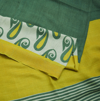 Vintage Green & Yellow Heavy Saree Pure Woolen Woven Printed Indian Sari Soft Warm Fabric 5Yard Zigzag Woven Border