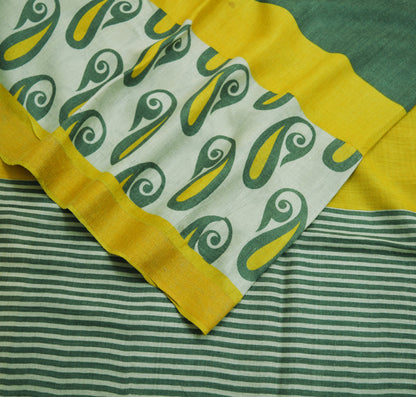 Vintage Green & Yellow Heavy Saree Pure Woolen Woven Printed Indian Sari Soft Warm Fabric 5Yard Zigzag Woven Border