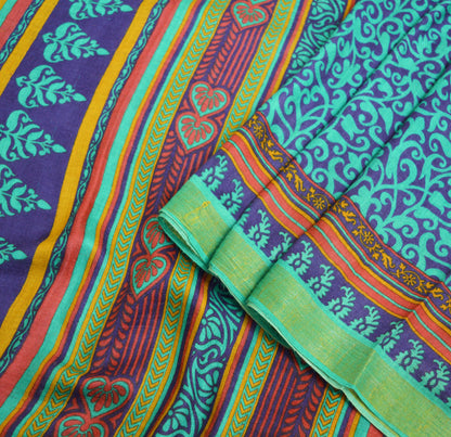 Vintage Blue & Green Heavy Saree Pure Woolen Woven Printed Indian Sari Soft Warm Fabric 5Yard Floral Woven Border