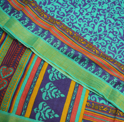 Vintage Blue & Green Heavy Saree Pure Woolen Woven Printed Indian Sari Soft Warm Fabric 5Yard Floral Woven Border