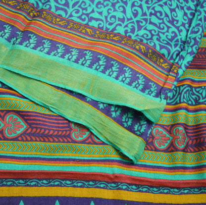 Vintage Blue & Green Heavy Saree Pure Woolen Woven Printed Indian Sari Soft Warm Fabric 5Yard Floral Woven Border