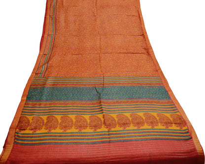 Vintage Red & Mustard Heavy Saree Pure Woolen Woven Printed Indian Sari Soft Warm Fabric 5Yard Floral Woven Border