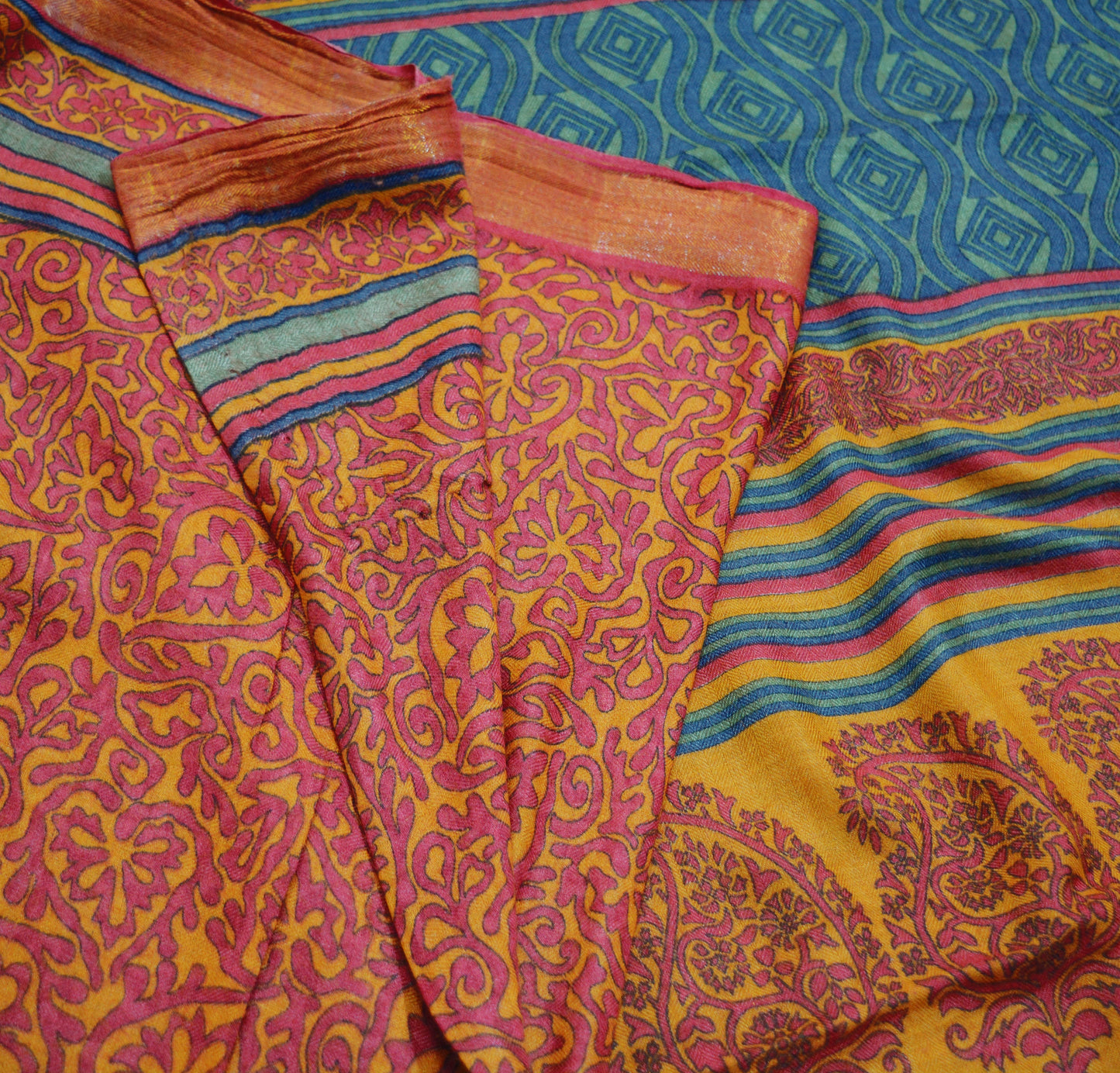 Vintage Red & Mustard Heavy Saree Pure Woolen Woven Printed Indian Sari Soft Warm Fabric 5Yard Floral Woven Border