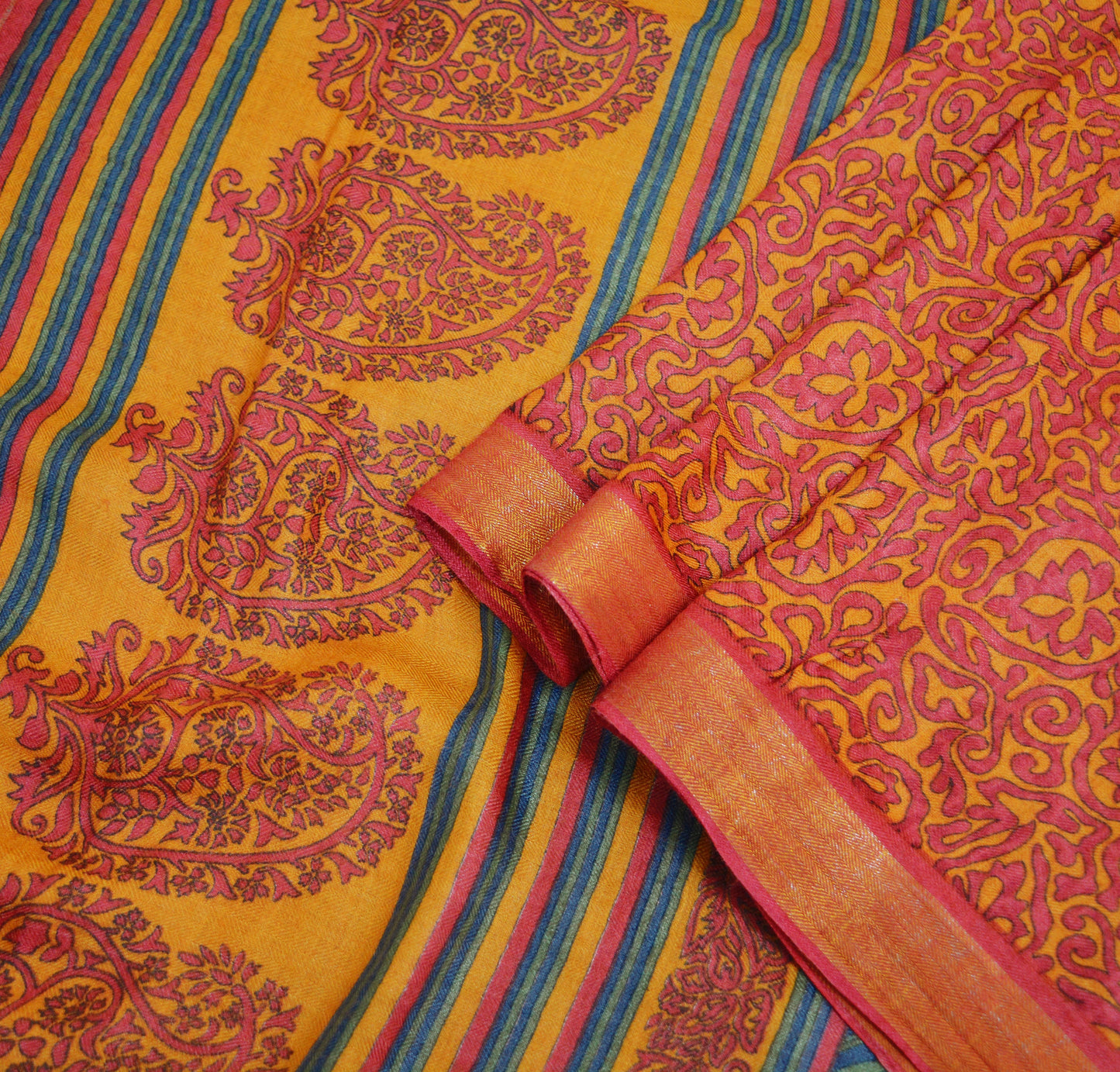 Vintage Red & Mustard Heavy Saree Pure Woolen Woven Printed Indian Sari Soft Warm Fabric 5Yard Floral Woven Border