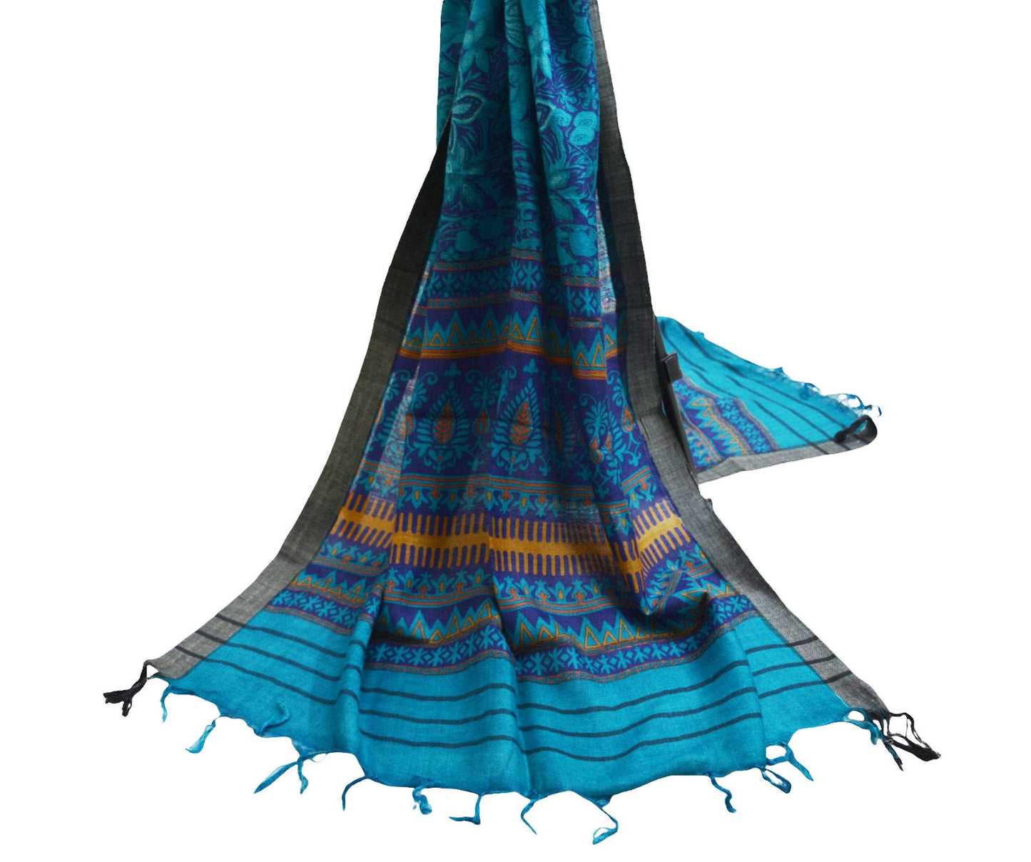 Vintage Blue Long Stole Pure Woolen Scarf Printed Dupatta Infinity Scarves Sarong Wrap Veil Woman Hijab Shawl Craft Fabric