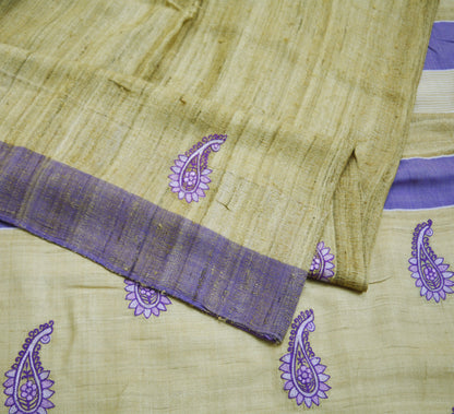 Indian Vintage Beige Saree Pure Khadi Silk Handloom Hand Beaded Indian Sari Fabric 5yard Ethnic