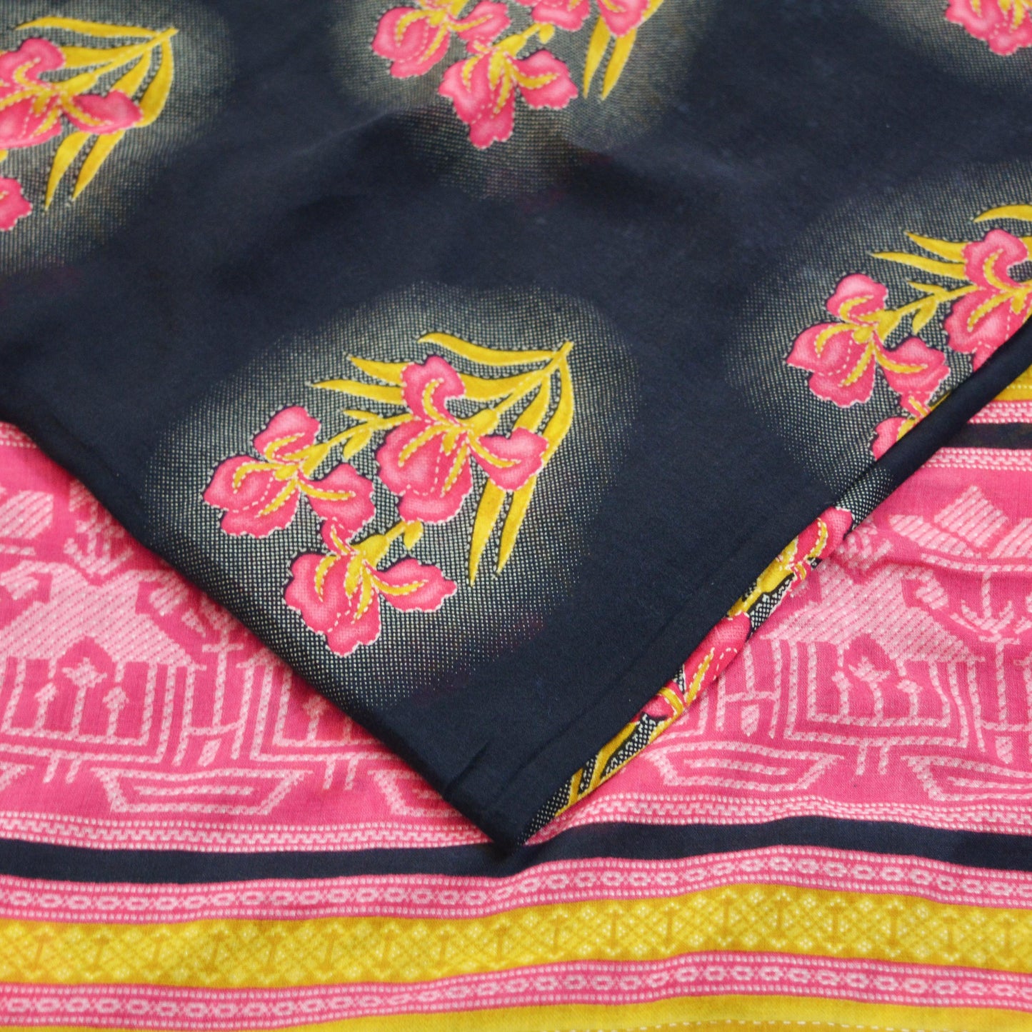 Indian Vintage Sari Pink & Black Printed 100% Pure Cotton Saree Craft Soft Fabric 5Yard Sewing Sarong Wrap Boho Paisley