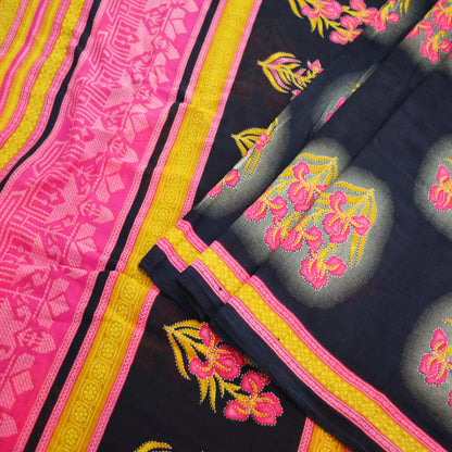 Indian Vintage Sari Pink & Black Printed 100% Pure Cotton Saree Craft Soft Fabric 5Yard Sewing Sarong Wrap Boho Paisley