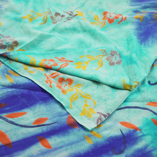Indian Vintage Sari Blue & Green Pure Crepe Silk Printed Saree 5yard Sewing Floral Soft Craft Fabric Wrap