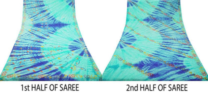 Indian Vintage Sari Blue & Green Pure Crepe Silk Printed Saree 5yard Sewing Floral Soft Craft Fabric Wrap