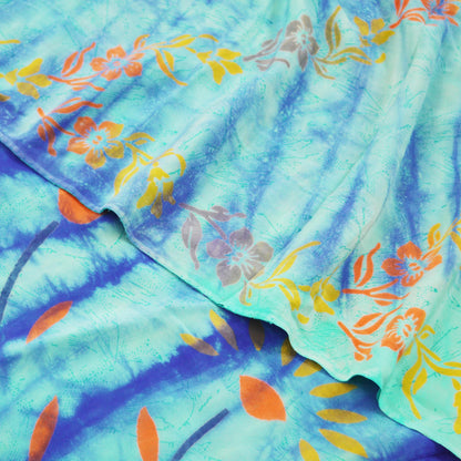Indian Vintage Sari Blue & Green Pure Crepe Silk Printed Saree 5yard Sewing Floral Soft Craft Fabric Wrap