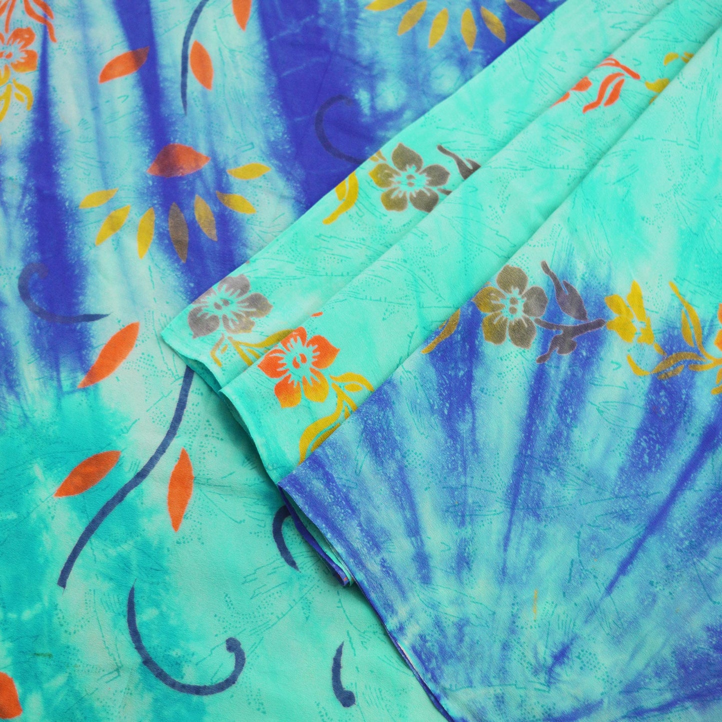 Indian Vintage Sari Blue & Green Pure Crepe Silk Printed Saree 5yard Sewing Floral Soft Craft Fabric Wrap