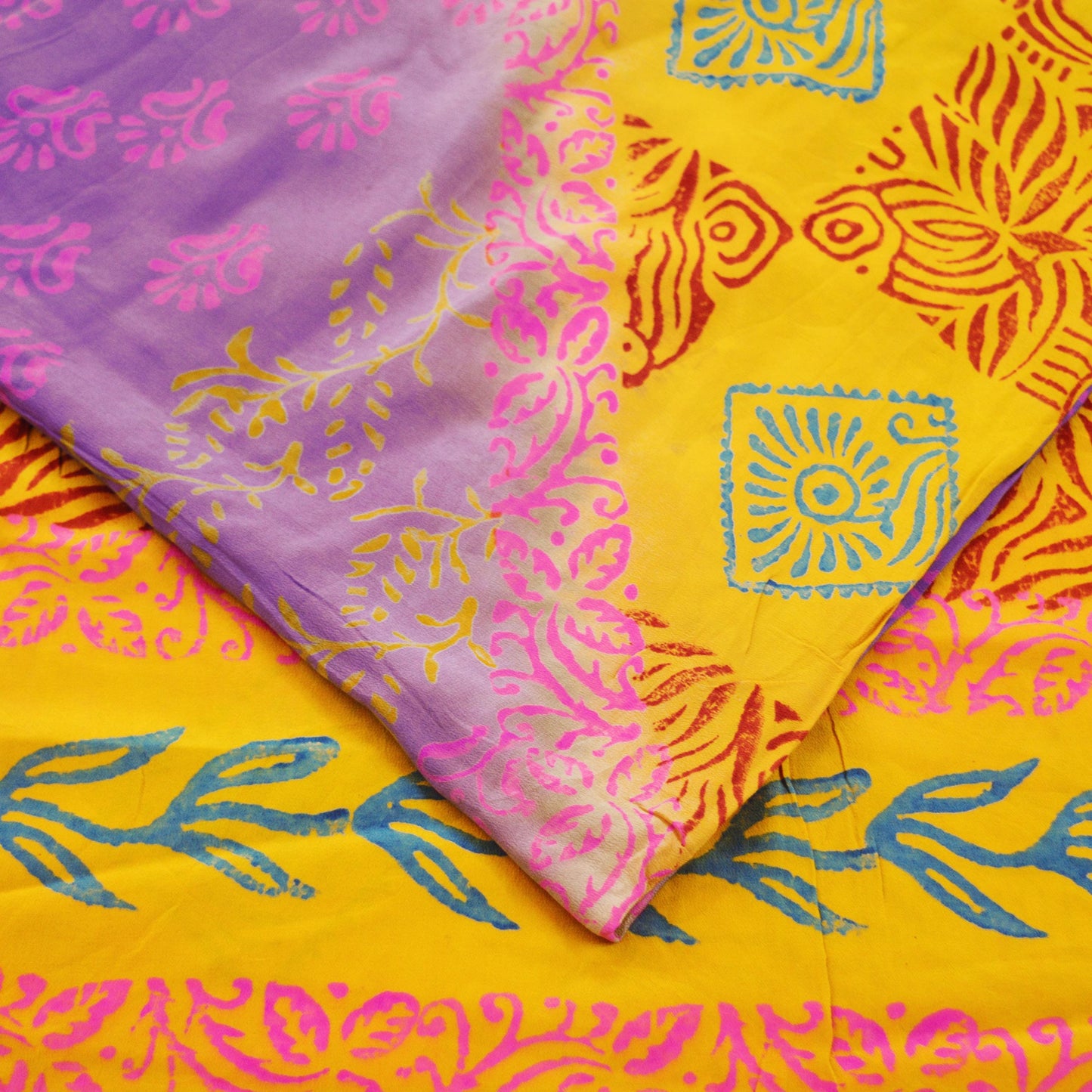 Indian Vintage Sari Yellow & Purple Pure Crepe Silk Block Printed Saree 5yard Sewing Floral Craft Fabric Wrap