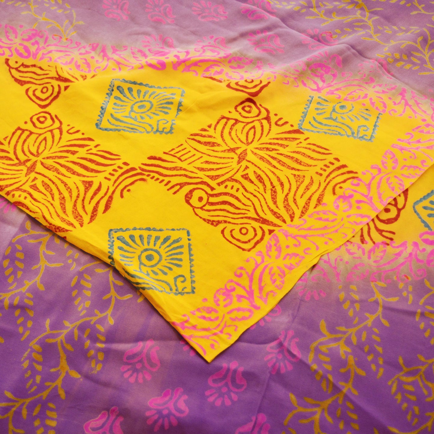 Indian Vintage Sari Yellow & Purple Pure Crepe Silk Block Printed Saree 5yard Sewing Floral Craft Fabric Wrap