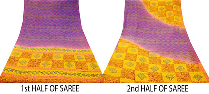 Indian Vintage Sari Yellow & Purple Pure Crepe Silk Block Printed Saree 5yard Sewing Floral Craft Fabric Wrap