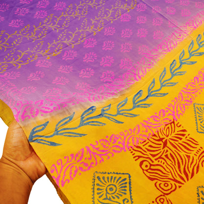 Indian Vintage Sari Yellow & Purple Pure Crepe Silk Block Printed Saree 5yard Sewing Floral Craft Fabric Wrap