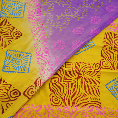 Indian Vintage Sari Yellow & Purple Pure Crepe Silk Block Printed Saree 5yard Sewing Floral Craft Fabric Wrap