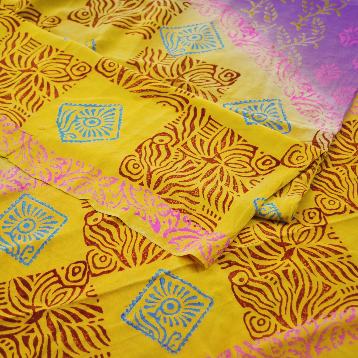 Indian Vintage Sari Yellow & Purple Pure Crepe Silk Block Printed Saree 5yard Sewing Floral Craft Fabric Wrap