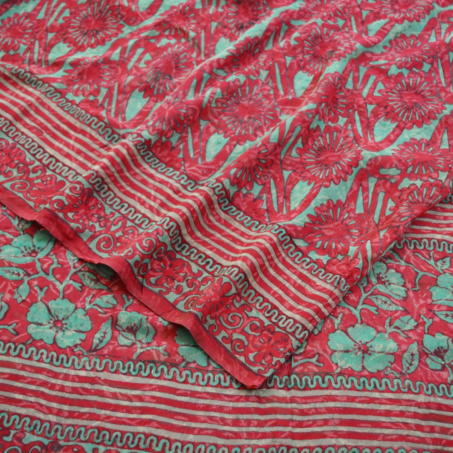 Women Vintage Sari Red 100% Pure Georgette Silk Block Printed Saree Craft Fabric Sewing 5Yard Soft Sari Dress Making