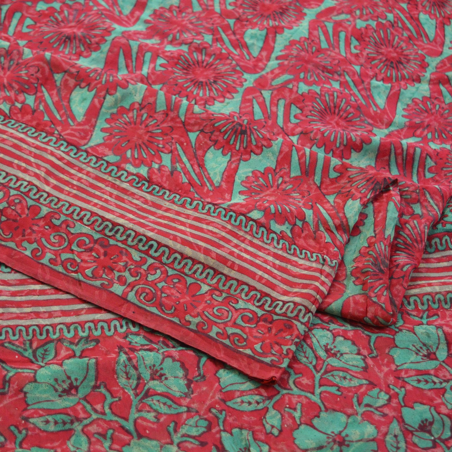 Women Vintage Sari Red 100% Pure Georgette Silk Block Printed Saree Craft Fabric Sewing 5Yard Soft Sari Dress Making