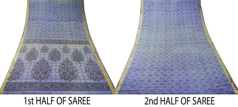 Indian Vintage Sari Purple Pure Silk Printed Saree 5yd Sewing Quilting Craft Fabric DressMaking Soft Zari Used Upcycle
