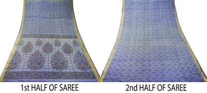 Indian Vintage Sari Purple Pure Silk Printed Saree 5yd Sewing Quilting Craft Fabric DressMaking Soft Zari Used Upcycle
