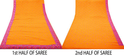 Indian Vintage Sari Orange Pure Crepe Silk Hand Embroidered Saree  5yard Sewing Floral Craft Sequins