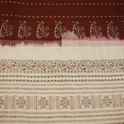 Indian Vintage Sari Maroon & Cream Pure Cotton Hand Woven Baluchari Saree 5yard Ethnic Fringes Peacock
