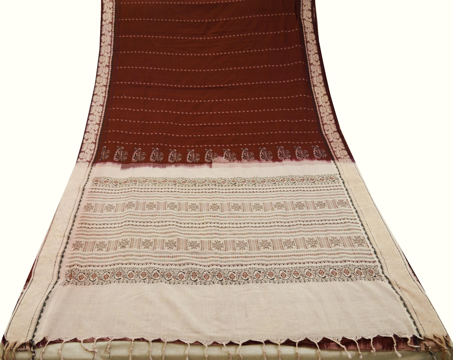 Indian Vintage Sari Maroon & Cream Pure Cotton Hand Woven Baluchari Saree 5yard Ethnic Fringes Peacock
