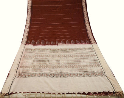 Indian Vintage Sari Maroon & Cream Pure Cotton Hand Woven Baluchari Saree 5yard Ethnic Fringes Peacock