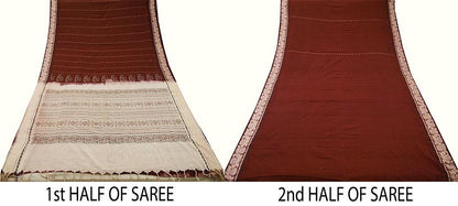 Indian Vintage Sari Maroon & Cream Pure Cotton Hand Woven Baluchari Saree 5yard Ethnic Fringes Peacock