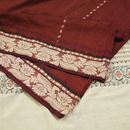 Indian Vintage Sari Maroon & Cream Pure Cotton Hand Woven Baluchari Saree 5yard Ethnic Fringes Peacock