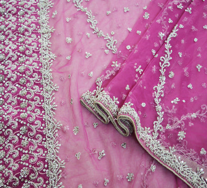 Indian Vintage Heavy Pink Dupatta Net Mesh Long Stole Hand Embroidered Scarves Silver Zardozi Dabka Zari Sequins