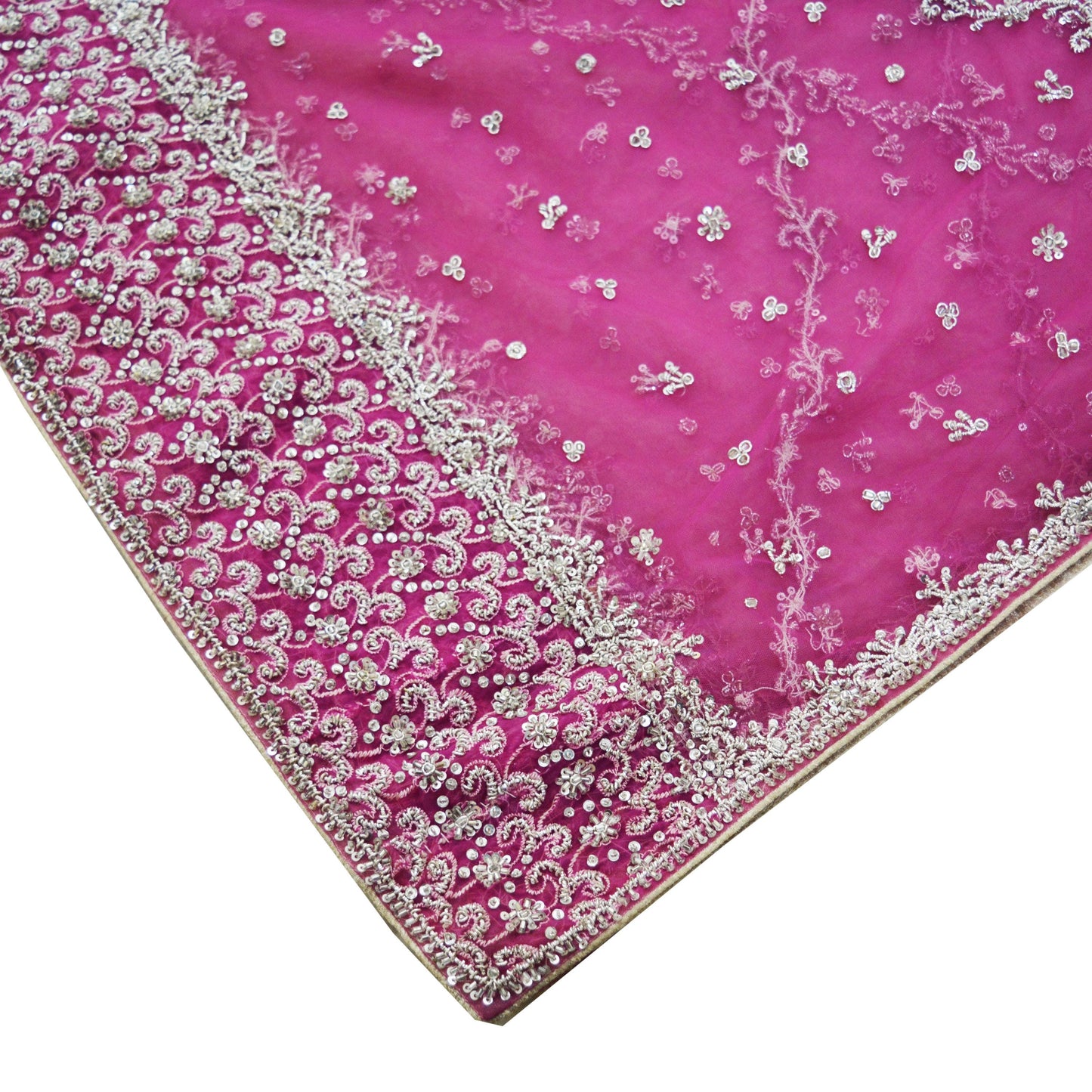 Indian Vintage Heavy Pink Dupatta Net Mesh Long Stole Hand Embroidered Scarves Silver Zardozi Dabka Zari Sequins