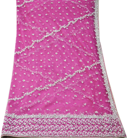 Indian Vintage Heavy Pink Dupatta Net Mesh Long Stole Hand Embroidered Scarves Silver Zardozi Dabka Zari Sequins